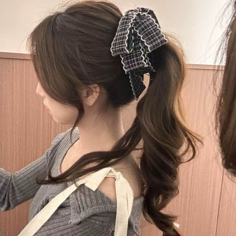 韩系学院风格子蝴蝶结香蕉扭扭夹女棕色新款感竖式后脑勺发夹