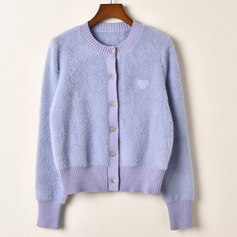 艾诺丝系列糖果色浅蓝色圆领针织开衫女长袖纽扣毛衣外套保暖