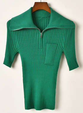 艾诺丝系列绿色翻领拉链针织短袖女休闲打底衫设计感上衣