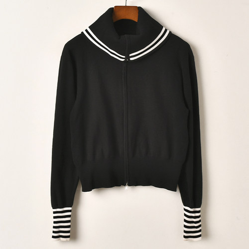 艾诺丝系列百搭拉链针织开衫女黑色条纹袖口修身显瘦短款毛衣外套