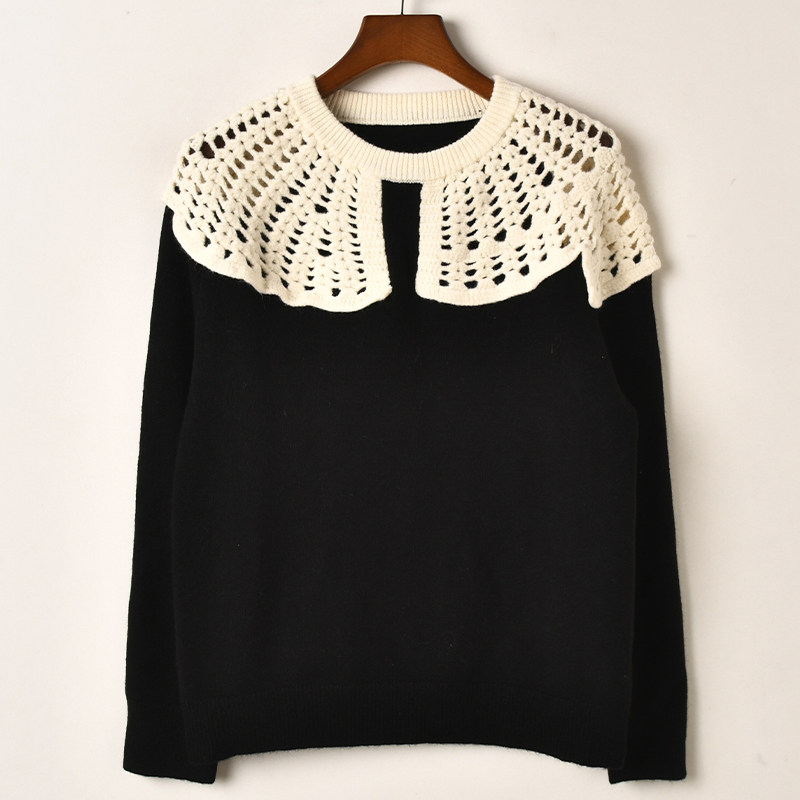艾诺丝系列淑女风黑色镂空拼接针织衫女2025冬季设计感宽松毛衣