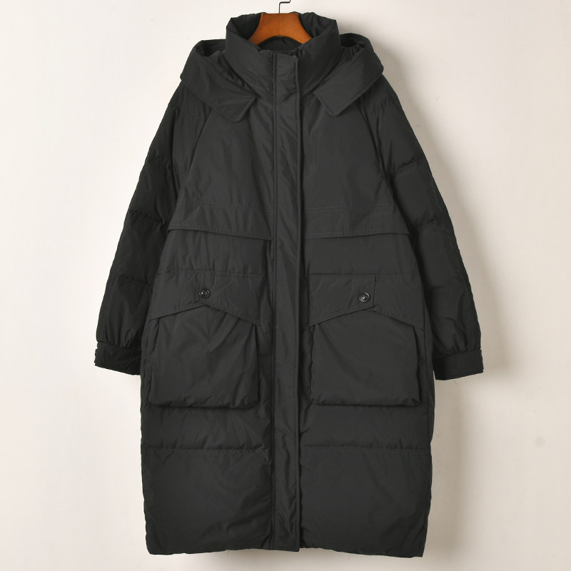 艾诺丝系列美拉德风连帽长款羽绒服女黑色保暖加厚显瘦外套