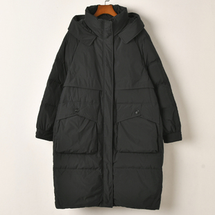 艾诺丝系列美拉德风连帽长款羽绒服女黑色保暖加厚显瘦外套