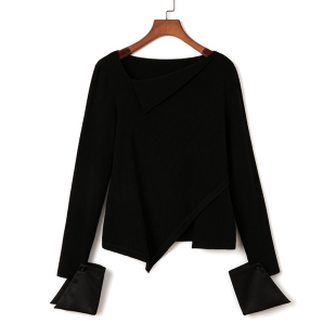 黑色显瘦针织衫 艾诺丝系列品牌折扣特价 上衣女短款 不规则短款 长袖