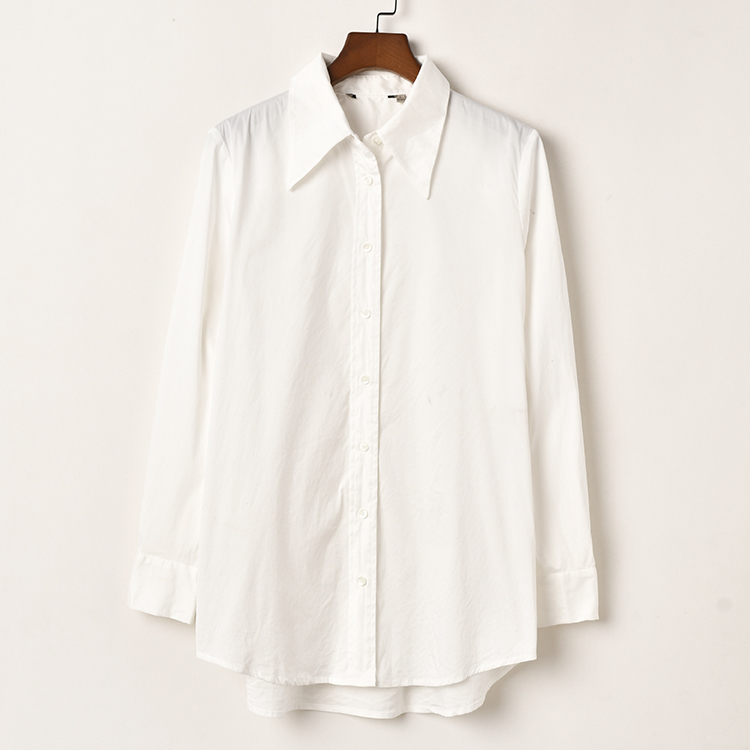 艾诺丝系列明星同款幂式气质长袖宽松蓝色隐藏扣衬衫上衣女