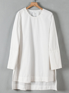 女装品牌折扣特价正品时尚前短后长开衩棉布宽松韩版连衣裙