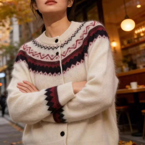 山羊绒拉绒开衫女圆领费尔岛提花针织毛衣宽松加厚款外套红色新年