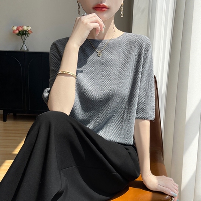 高端蚕丝羊气毛鱼骨纹园领T恤春夏季宽松短袖针织显瘦上衣NSY390