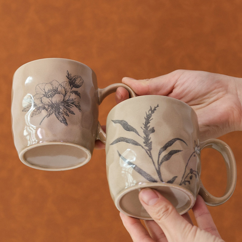 UHOME【慵懒风咖啡杯】复古手绘花卉陶瓷马克杯休闲水杯杯子