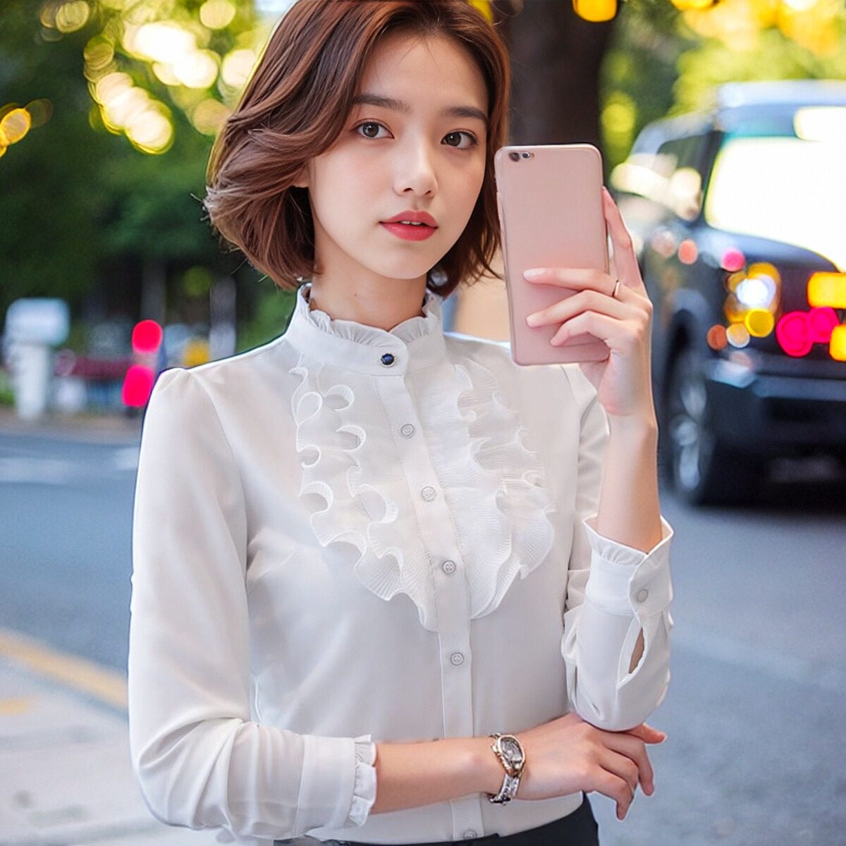 春秋装新款韩版立领荷叶边衬衫女长袖修身衬衣淑女甜美打底衫