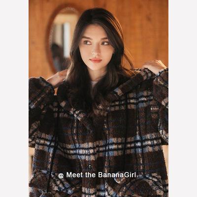Bananagirl睡衣女套冬季新款加厚加绒格子长款睡袍家居服可外穿暖