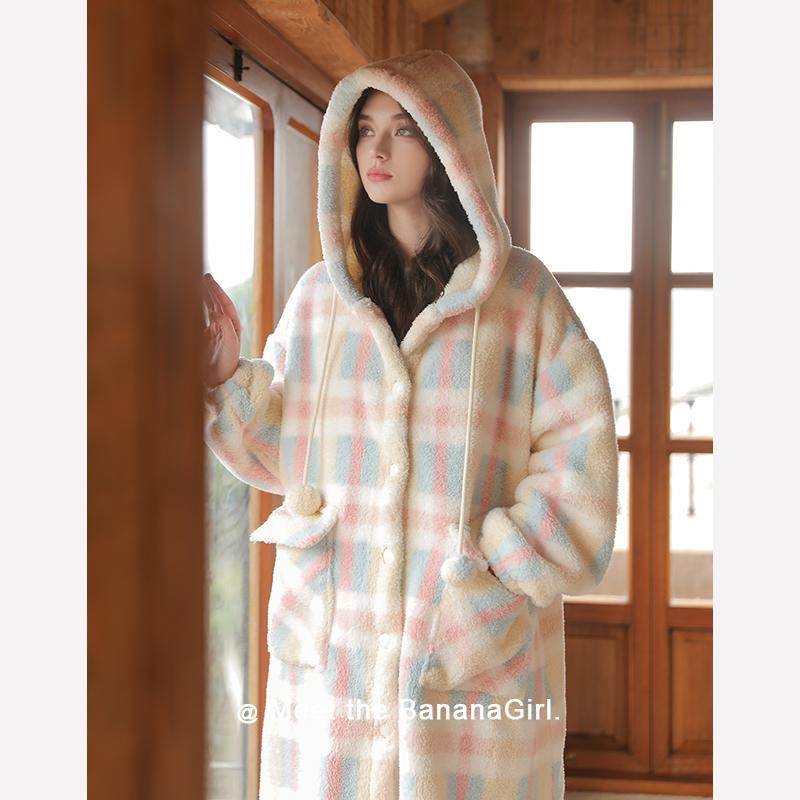 Bananagirl睡衣女冬季新款长款加厚睡袍大码格子可外穿家居服女套
