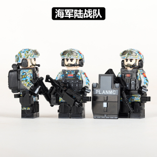 中国积木第三方军事人仔海军陆战队拼装警察特种兵男孩子益智玩具