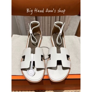 真皮露趾一字带日常休闲沙滩鞋 女夏季 罗马风 白色平底凉鞋 BHA