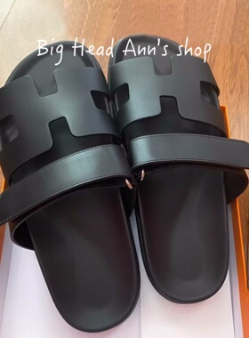 真皮一字拖女外穿平跟魔术贴软底凉拖鞋欧美风黑色