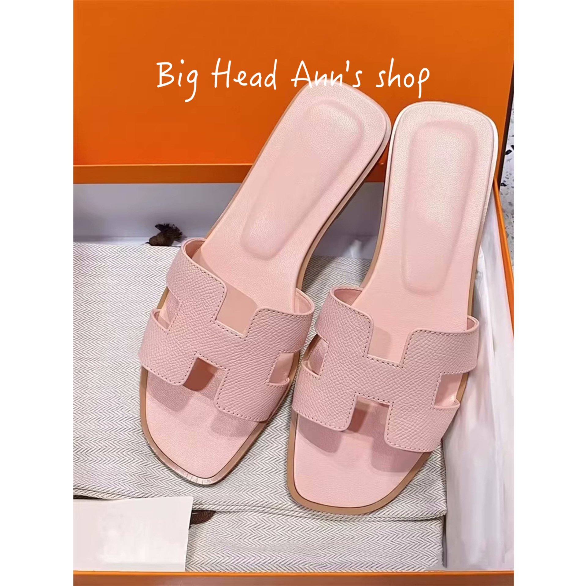 Big Head Ann's shop/真皮女外穿夏平底防滑凉拖鞋粉色方头懒人鞋,女鞋,一字拖,淘宝优惠券,粉丝福利购,淘宝优惠卷