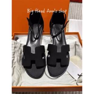 凉鞋 BHA 百搭夏季 女平底搭扣时尚 性感风黑色真皮一字扣凉鞋