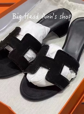 Big Head Ann's shop/真皮女外穿夏季粗跟黑色头层牛皮凉拖鞋