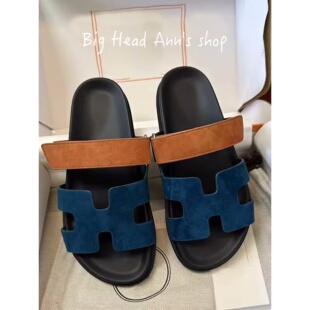 休闲沙滩鞋 真皮魔术贴一字拖女夏外穿平跟防滑羊皮凉拖鞋 BHA