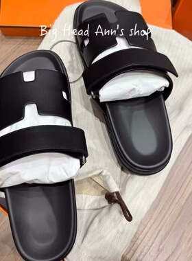 Big Head Ann黑色真皮一字拖女外穿休闲沙滩拖鞋魔术贴平跟凉拖鞋