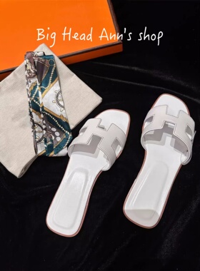 Big Head Ann's shop/真皮女夏外穿平跟防滑凉拖鞋方头白色休闲鞋