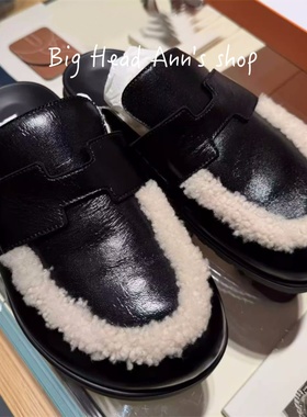 Big Head Ann's shop/毛毛拖鞋女冬季保暖羊毛懒人鞋外半拖勃肯鞋