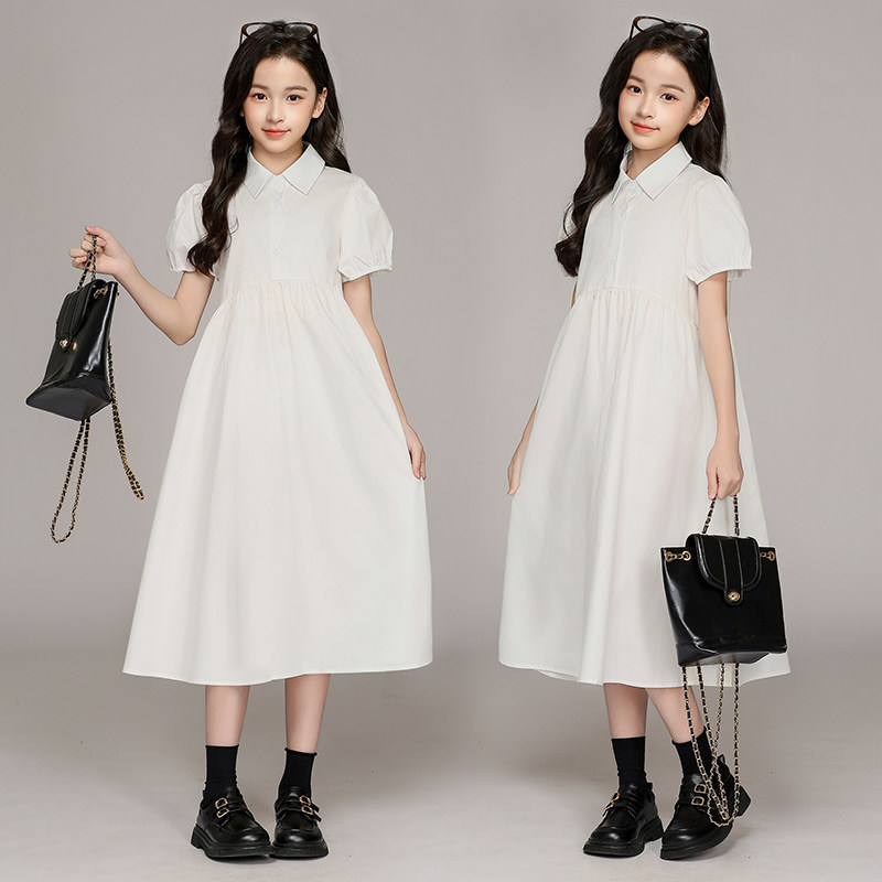 女童连衣裙夏季高级感中大童洋气纯棉短袖公主裙初中生森系衬衫裙