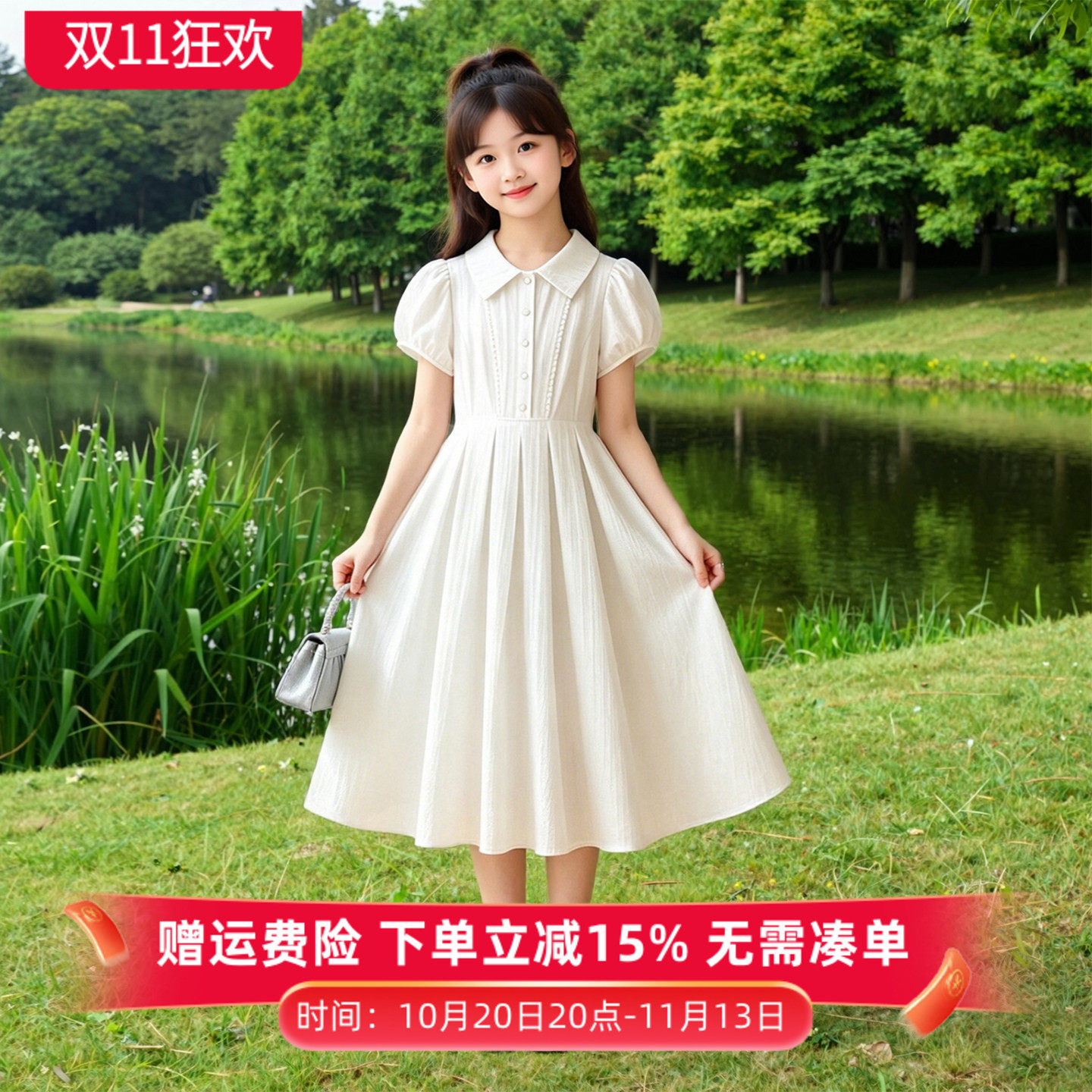 女童法式学院风连衣裙夏季纯棉小白裙中大童泡泡袖优雅气质公主裙