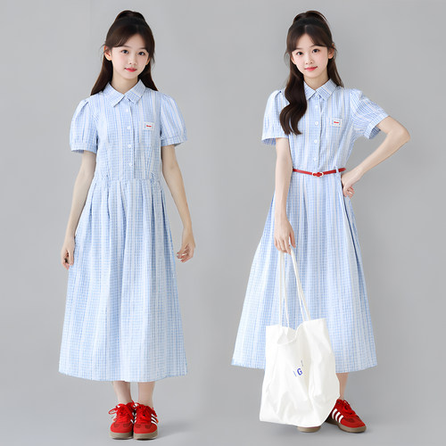 女童夏季学院风格子衬衫连衣裙