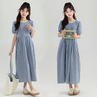 女童文艺格子连衣裙夏季短袖纯棉宽松公主裙中大童洋气显瘦长裙子
