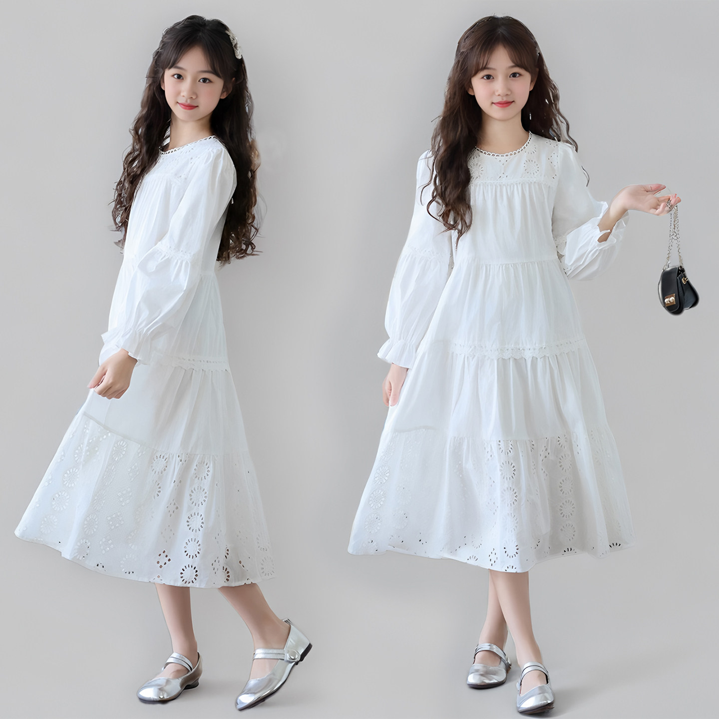 2026春装韩版女童纯棉宽松连衣裙森系仙女长裙儿童白色镂空公主裙
