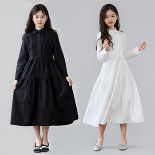 女童白色长袖衬衫连衣裙2026新款春秋中大童森系文艺纯棉收腰长裙