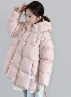 韩版云朵泡芙女童三防羽绒服中长款连帽冬季保暖儿童90白鸭绒外套