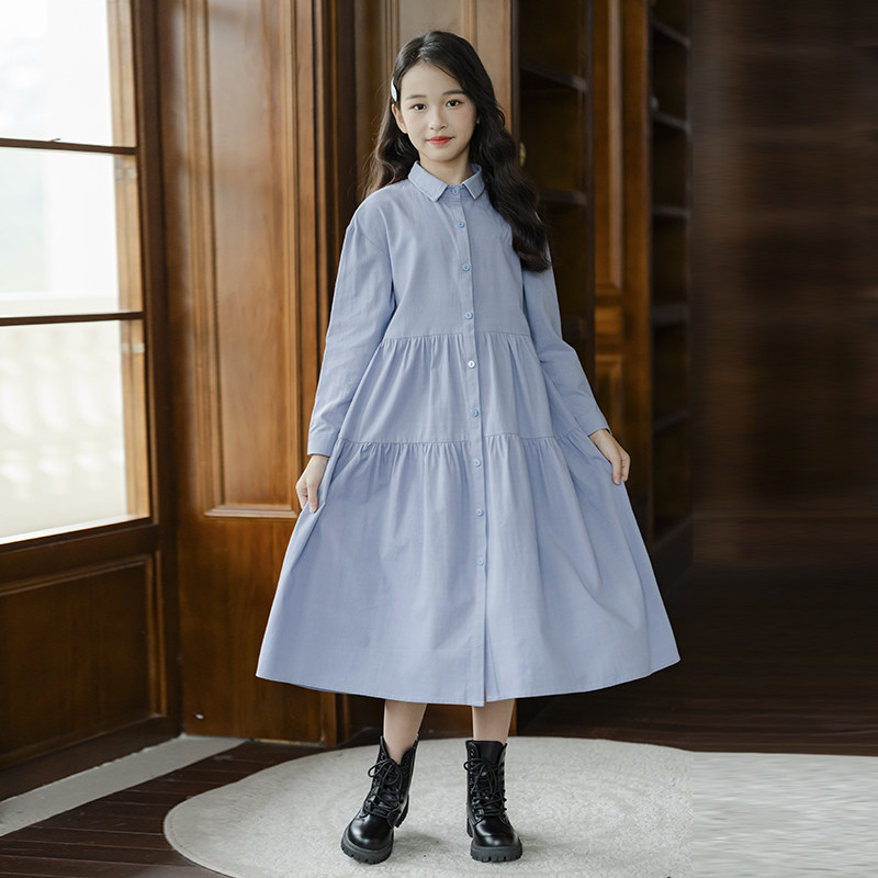 女童长袖衬衫连衣裙秋装新款中大童纯棉森系宽松长裙女孩气质裙子