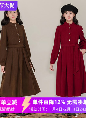 女童法式连衣裙秋冬新款中大童复古裙子女孩洋气红色加绒公主裙