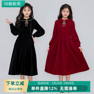 女童红色新年连衣裙冬季高级感气质收腰公主裙韩版中大童加绒裙子