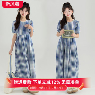 女童文艺格子连衣裙夏季短袖纯棉宽松公主裙中大童洋气显瘦长裙子
