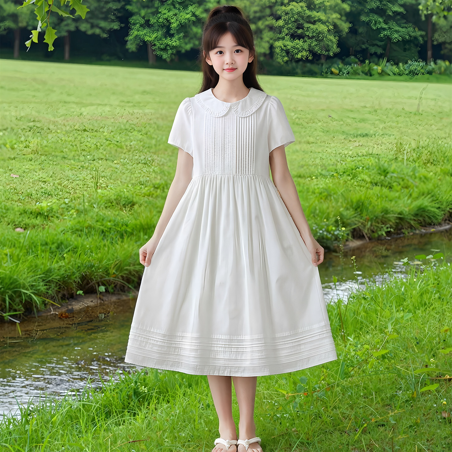 韩版女童洋气宽松连衣裙2026夏装新款中大童纯棉白色娃娃领公主裙