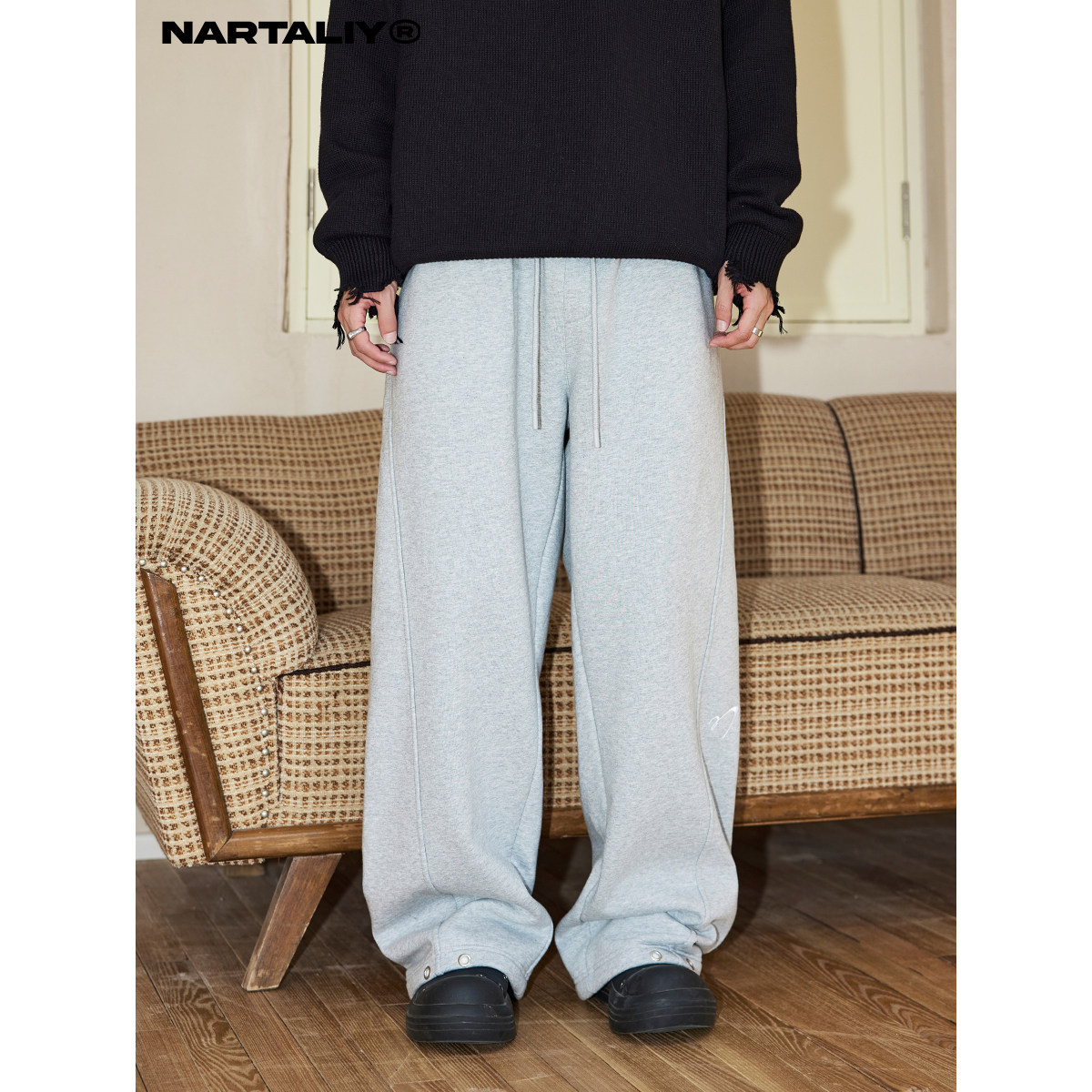 NARTALIY美式高街不规则分割加绒卫裤男秋冬潮牌直筒宽松休闲长裤,男装,卫裤,淘宝优惠券,粉丝福利购,淘宝优惠卷