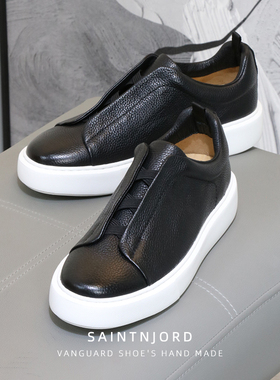 优100一脚蹬休闲男鞋真皮松紧套脚老爹板鞋增高厚底德训阿甘黑鞋