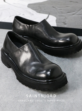 优100马皮复古水洗手工一片式乐福休闲男鞋增高厚底大头浅口套脚