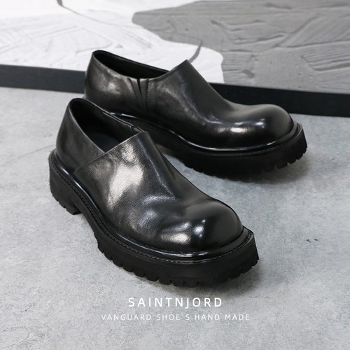 马皮大头浅口套脚增高厚底乐福鞋