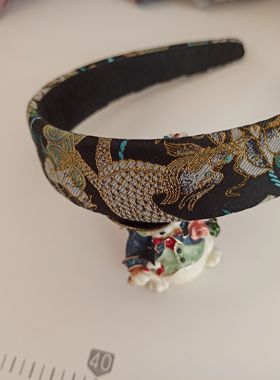 非遗织金宋锦黑色麒麟牡丹增高颅顶海绵发箍加宽加大发卡法式纯丝