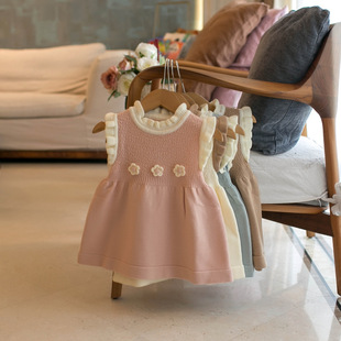 韩版中长款儿童毛衣马甲春秋女童婴儿木耳边背心裙公主针织连衣裙