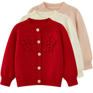 宝宝A类不起球毛衣开衫秋冬婴儿纯棉毛线衣女童红色绣花针织外套