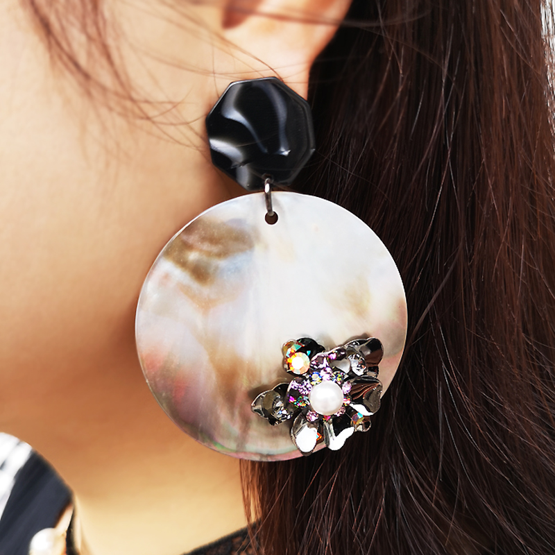 凡妮莎韩国进口优雅手工夸张天然贝壳花朵珍珠大圆圈耳环耳钉 C41