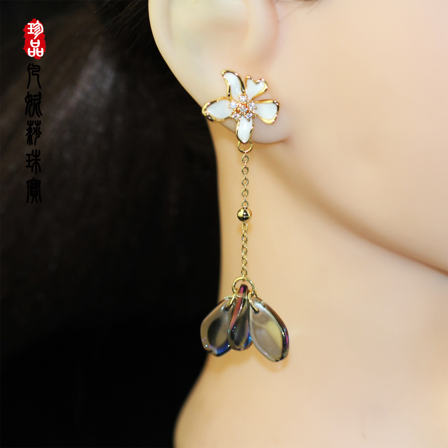 韩国手工唯美百合花美人鱼尾耳环