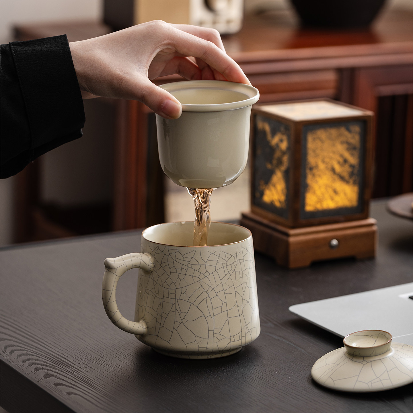 汝窑中式陶瓷马克杯可养开片纹带盖过滤茶水分离杯办公泡茶杯礼盒