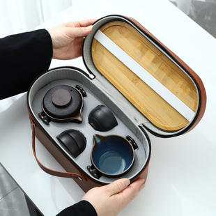 黑陶磨砂旅行茶具小套装户外便携包陶瓷快客一壶四杯办公室泡茶壶