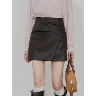 复古PU皮半身裙高腰A字修身 显瘦百搭防走光内衬气质褶皱包臀短裙